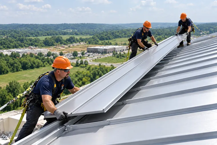 Roofers installing steel panels on a commercial metal roof