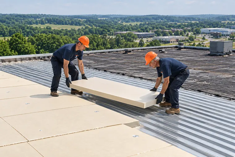 Crew tearing off old layers from a commercial flat roof down to the deck