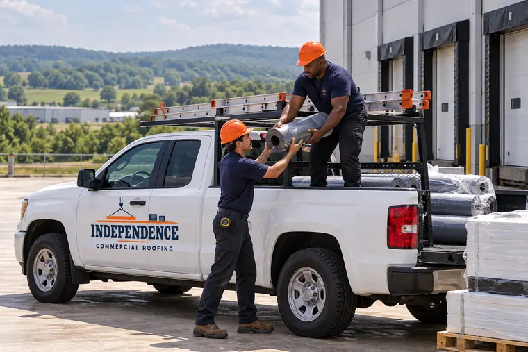 Roofing truck and materials staged beside a commercial building